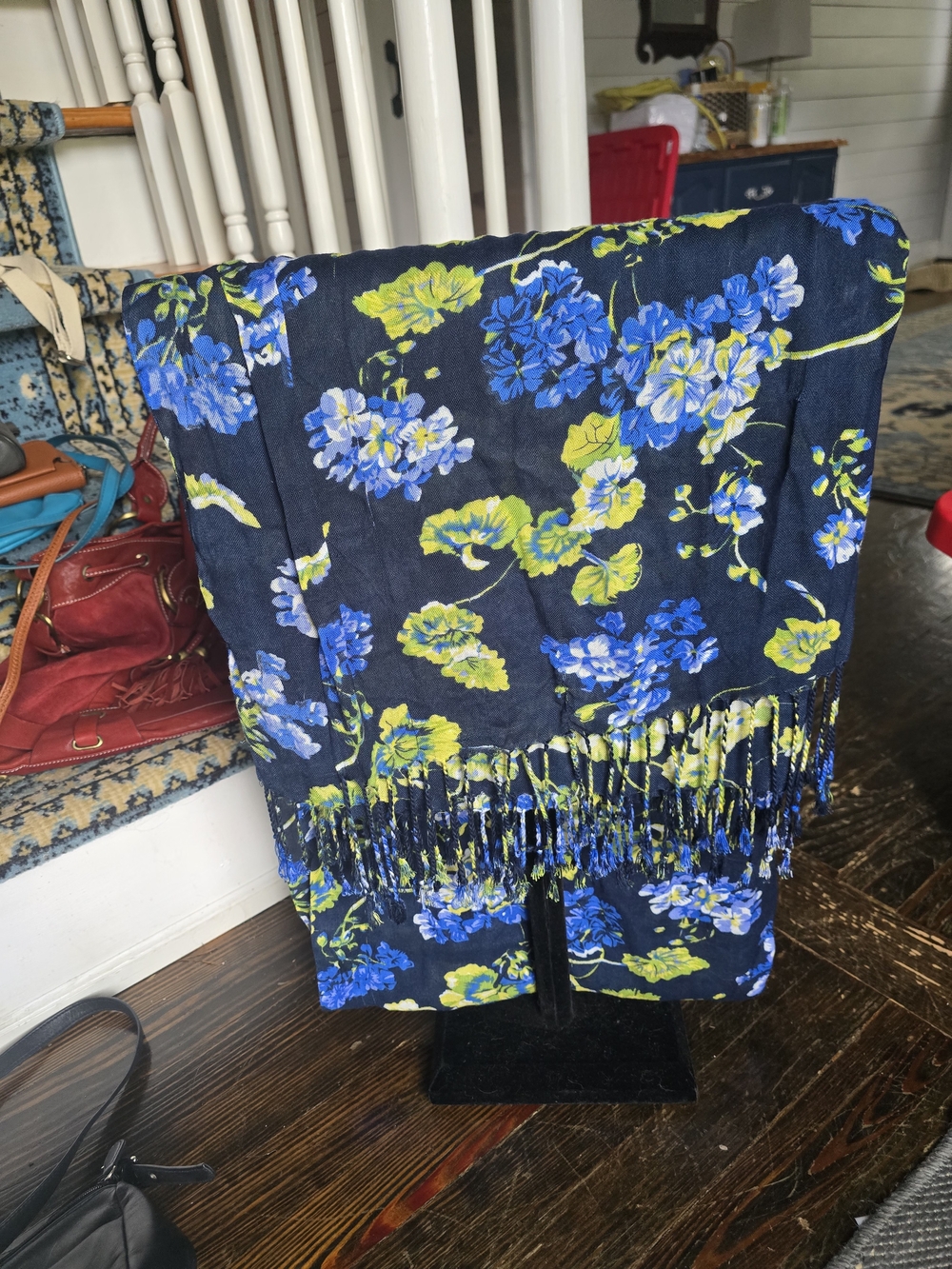 Liz Claiborne Navy Floral Scarf with Fringe
